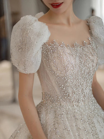 CW757 Shiny Short Sleeve Bridal dress