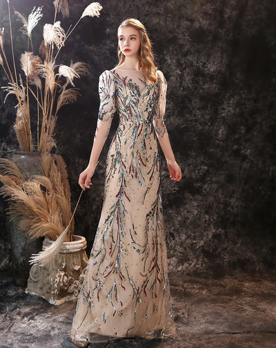 PP316 Champagne 3/4 sleeves sequined Evening Dress