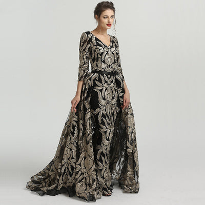 LG449 Real pictures Arabic 3/4 sleeves embroidery Evening Gown