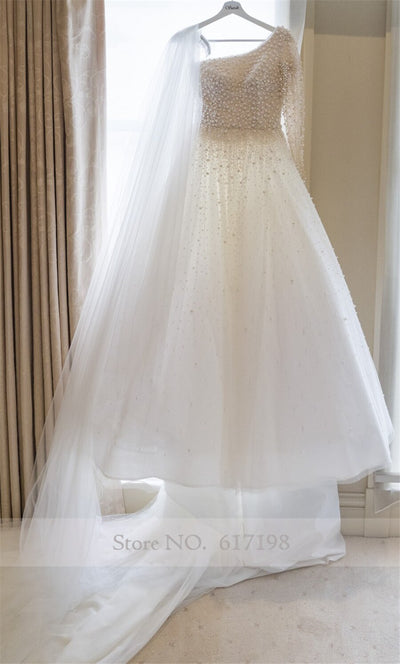 HW328 Handmade One Shoulder Long Sleeve heavy Pearls beaded Wedding Gowns