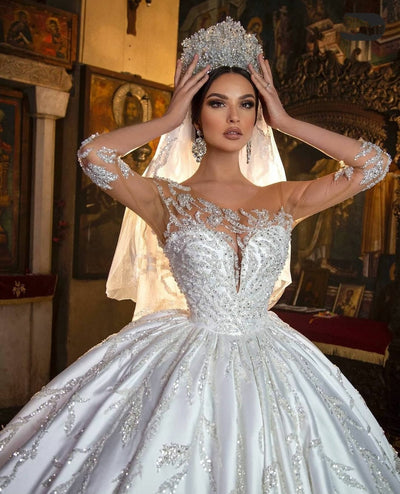 HW424 Half Sleeve sequin Satin Bridal Gowns
