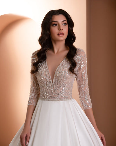 HW389 Classy 3/4 sleeves sequined A-Line Wedding Dress