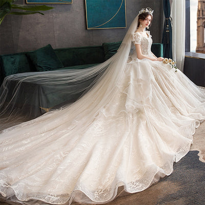 HW405 Short sleeve beading pearls Bridal Gown
