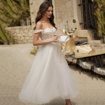 SS229 Off The Shoulder Tea-Length Wedding dress