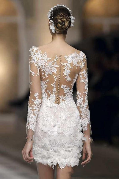 SS147 Illusion Long Sleeve Sheath Short Bridal Gowns