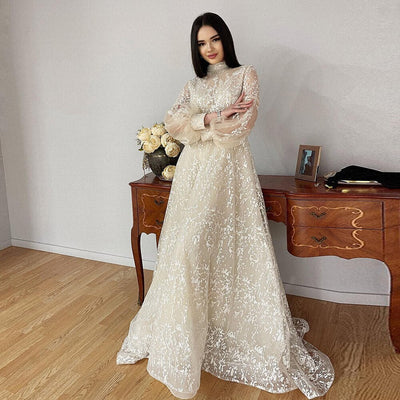 CW857 Simple Beige Puff sleeve Wedding dress