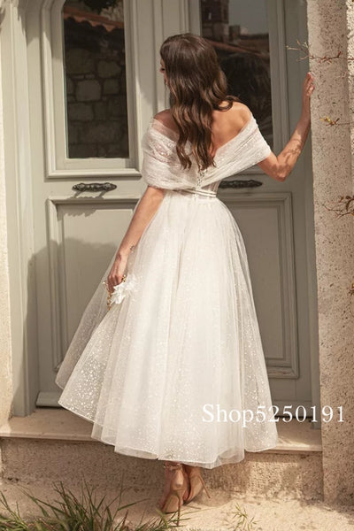 SS236 Off the Shoulder Tulle Tea Length Wedding Gown