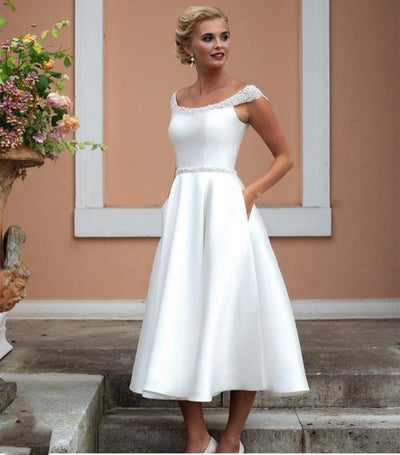 SS166 Minimalist satin knee-length Wedding dress with pockets