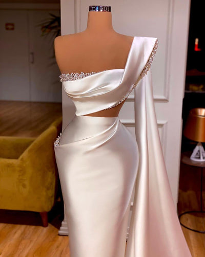CW611 Sparkly One Shoulder Satin Mermaid Bridal Gown