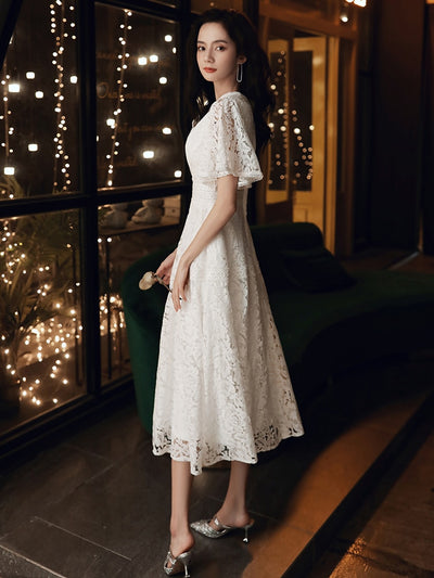SS137 Full lace V-neck A-line Tea-length Wedding Dress