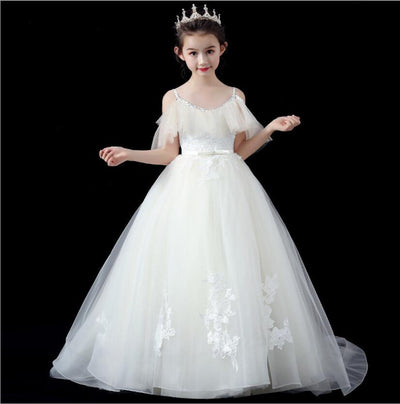 FG394 White Lace Tailing Flower Girl Dress (1-14 Yrs )