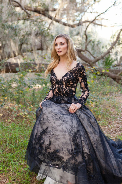 CG255 black lace long sleeve Gothic Wedding Dresses