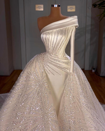 HW415 One shoulder satin sequined mermaid Wedding Gown with overskirt