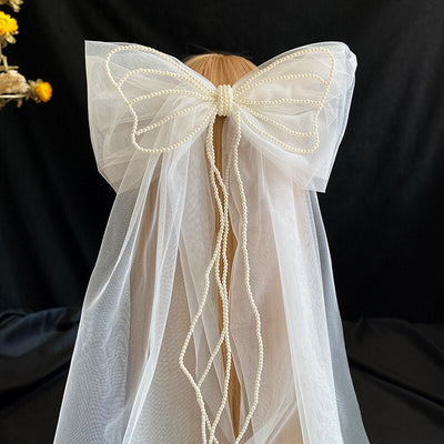 BV130 Lovely Bow tassel Pearl Bridal Veils