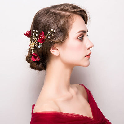 BJ385 : 2pcs red flower Bridal Hair claws