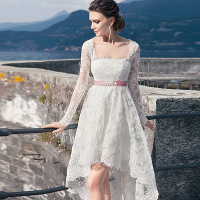 SS129 Square Neckline Lace high low Wedding dress