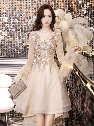PP402 Champagne sequined  High Low Prom Dress