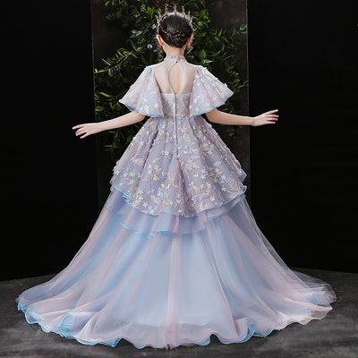 FG466 : 3d flower blue Princess Girl Dress