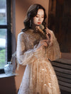 BH271 Gorgeous Champagne High Collar Long Sleeve Bridesmaid Dress