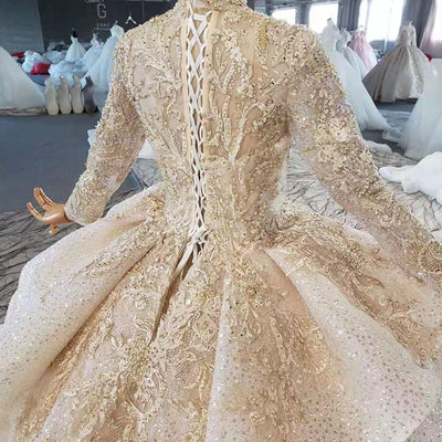 HW375 Real pictures Luxurious Champagne Muslim Wedding Gown