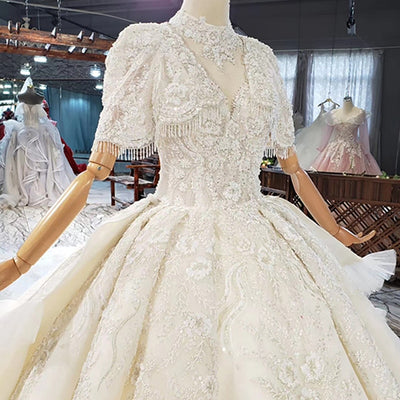 HW279 Real Photo : Luxury high neck short sleeves beaded Wedding Gowns