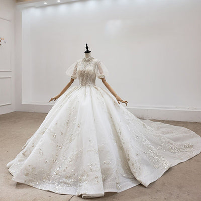 HW315 Real pictures: Luxury High Neck short puff sleeves Wedding Gown