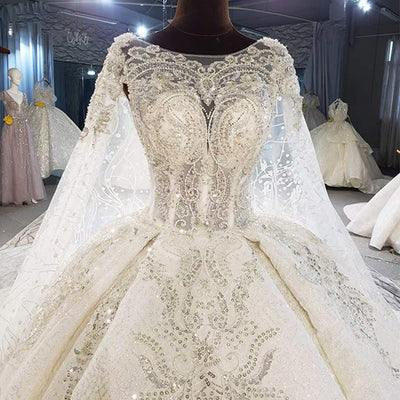 HW317 Real Pictures : Handmade sequined beading Wedding gown with cape