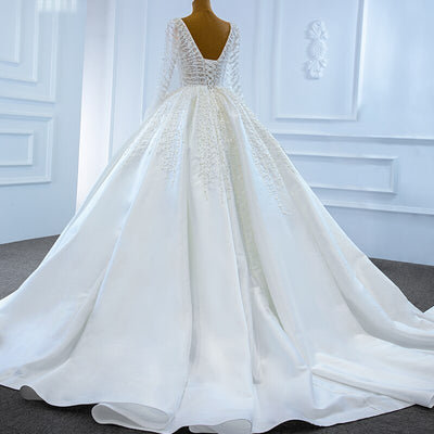 HW283 Real Photo deep v-neck satin pearls Wedding Gown