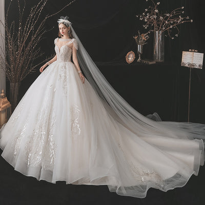 HW379 Handmade Sheer Long Sleeve Pearl beaded Wedding Gown
