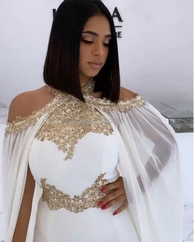 PP435 Halter gold Beaded Prom Gowns with cape ( custom colors )