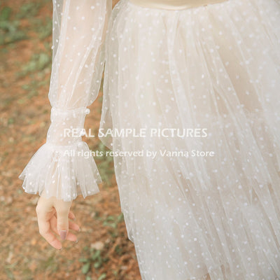 CW669 Vintage Sheer Sleeves Polka Dots Tulle Bridal Dress