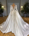 HW465 Simple satin Pearls Mermaid Wedding Dresses with Overskirt