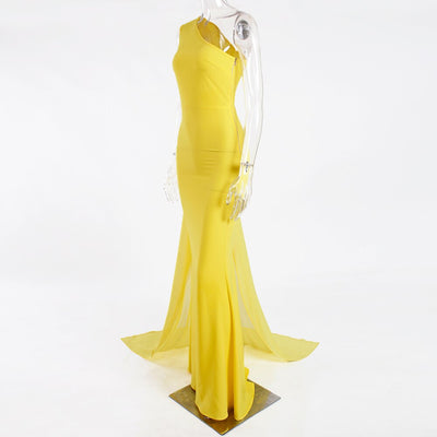PP302 One shoulder yellow chiffon Long Prom Dress