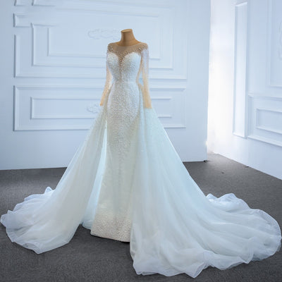 HW413-1 Real pictures Long Sleeve heavily Pearls beaded Bridal Gown