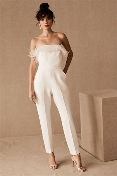 PD48 Strapless feathers ankle length Wedding Jumpsuit
