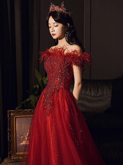 PP321 Burgundy off the shoulder feathers Evening Gowns