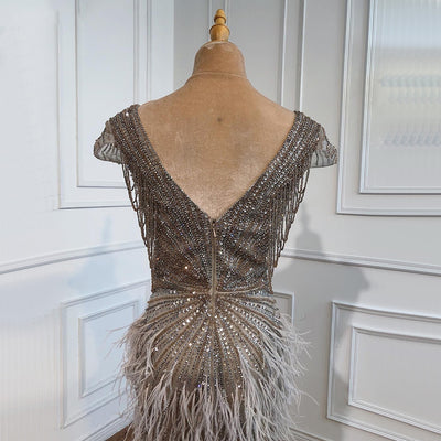 LG370 Real Photo Luxurious brown beaded feather Pageant Gown