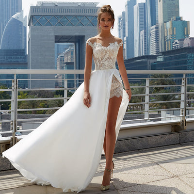 CW586 Sheer O-Neck Side Split Wedding Dresses