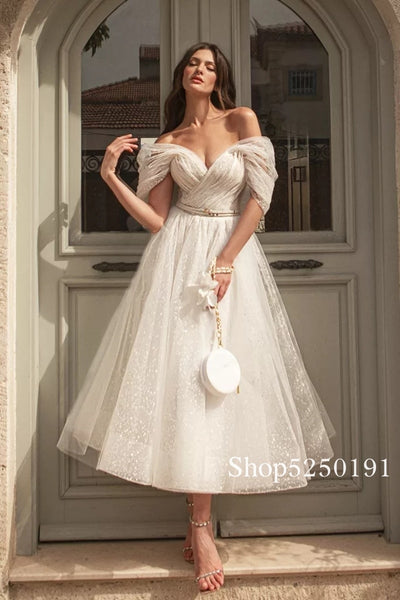 SS236 Off the Shoulder Tulle Tea Length Wedding Gown