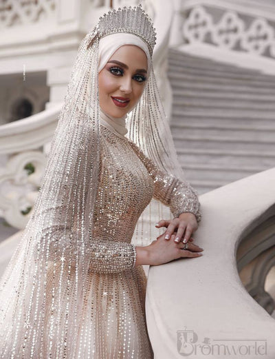 CW795 Middle grade Sparkly Muslim Wedding Gowns +Matching Veil