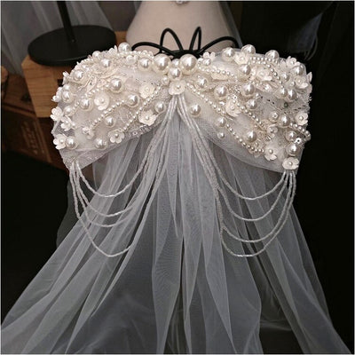 BV80 Fairy Pearl Bow Tassel short Wedding veil