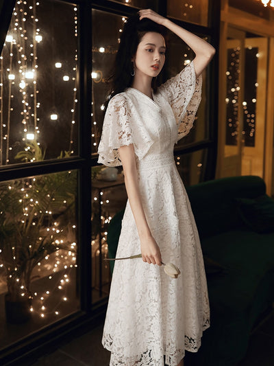 SS137 Full lace V-neck A-line Tea-length Wedding Dress