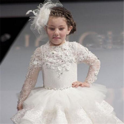 FG392 Luxurious Long Sleeves Lace Tiered Flower Girl Dress