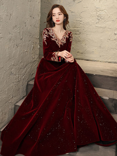 BH290 Simple Gold embroidery Burgundy Bridesmaid Dress