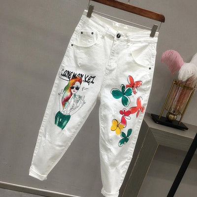 TP46 Plus size Cartoon Graffiti Flowers Stretched Skinny Jeans