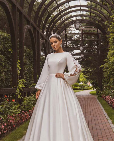 CW533 Puff Sleeves Satin Garden Bridal dress