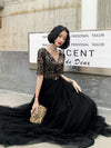 PP356 Black Half sleeves sequined Evening Dress