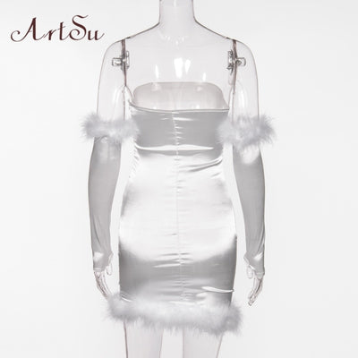 MX328 Strapless Feathers white Party Dress