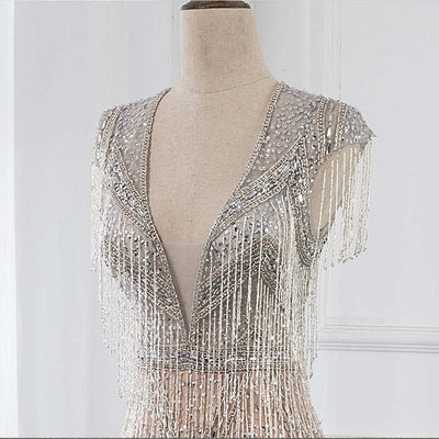 LG457 Real Photo Couture Deep V Neck Beaded Pageant Gown