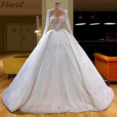 HW65-1 Elegant high neck long sleeves beading Bridal Gown